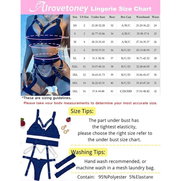 Women Navy Blue Naughty 5 Pieces Garter Belt Bodydoll Lingerie Set With Chain - Picture 8 of 9